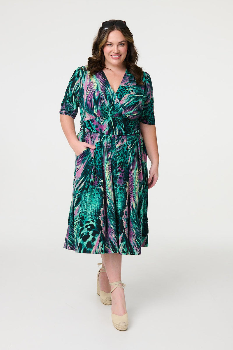 Feather Print 1/2 Sleeve Wrap Midi Dress | Izabel London Feather Print 1/2 Sleeve Wrap Midi Dress | Izabel London