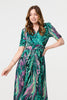 Green | Feather Print 1/2 Sleeve Wrap Midi Dress
