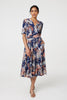 Navy | Tropical Print 1/2 Sleeve Midi Wrap Dress : Model is 5'8