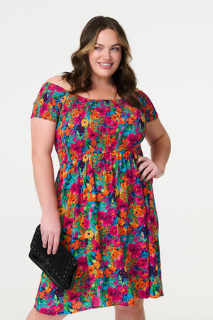 Pink | Floral Knee Length Bardot Dress : Model is 5'8