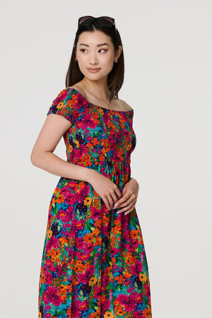 Pink | Floral Knee Length Bardot Dress : Model is 5'9