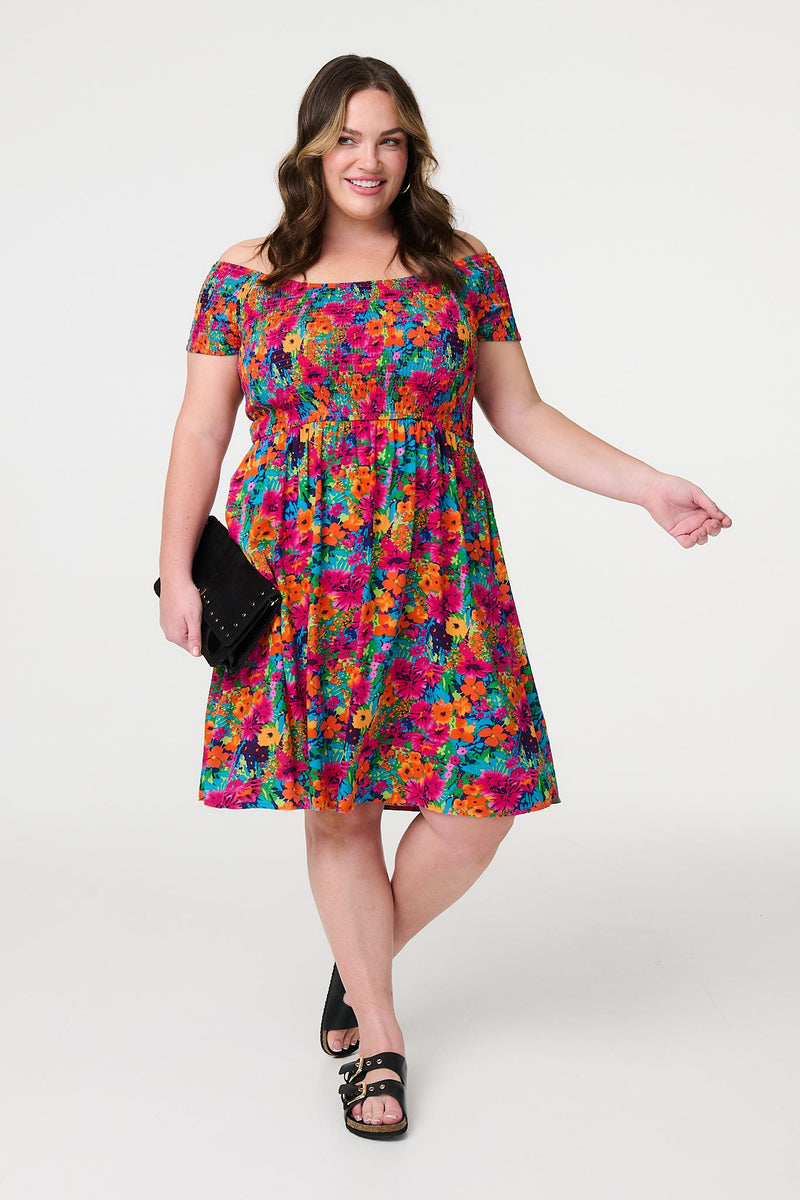 Floral Knee Length Bardot Dress | Izabel London Floral Knee Length Bardot Dress | Izabel London
