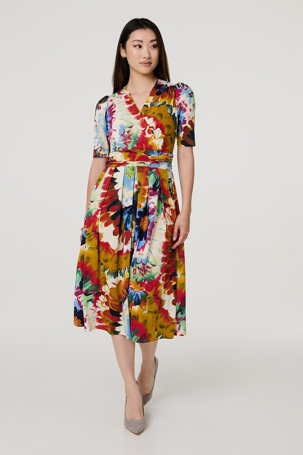 Orange | Floral 1/2 Sleeve Midi Faux Wrap Dress