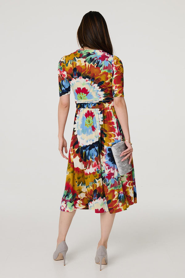 Orange | Floral 1/2 Sleeve Midi Faux Wrap Dress