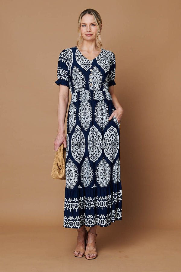 Navy | Printed Shirred Puff Sleeve Maxi Dress