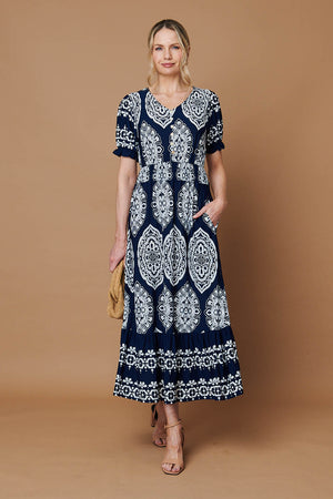 Navy | Printed Shirred Puff Sleeve Maxi Dress