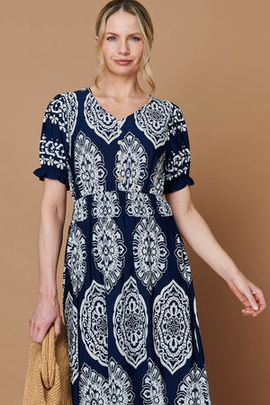 Navy | Printed Shirred Puff Sleeve Maxi Dress