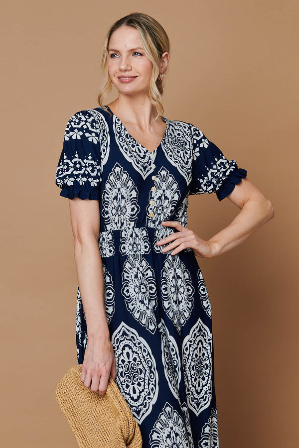 Navy | Printed Shirred Puff Sleeve Maxi Dress