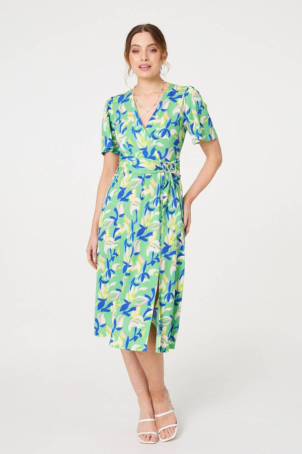 Green | Printed Belt Detail Wrap Midi Dress
