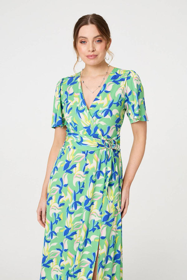 Green | Printed Belt Detail Wrap Midi Dress

