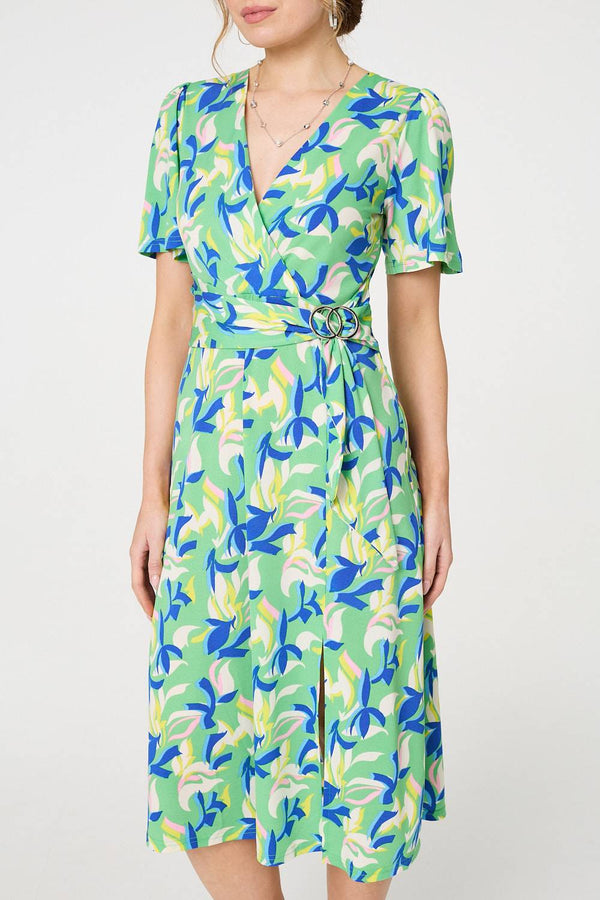 Green | Printed Belt Detail Wrap Midi Dress
