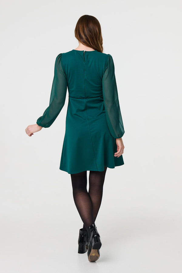 Green | Long Sleeve Skater Dress with Belt
