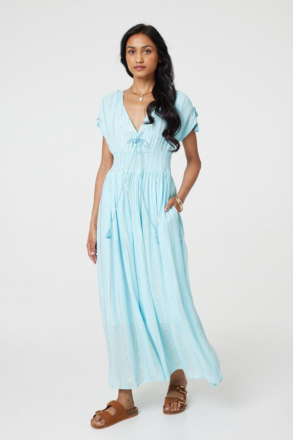 Light Blue | Striped Cap Sleeve Empire Maxi Dress