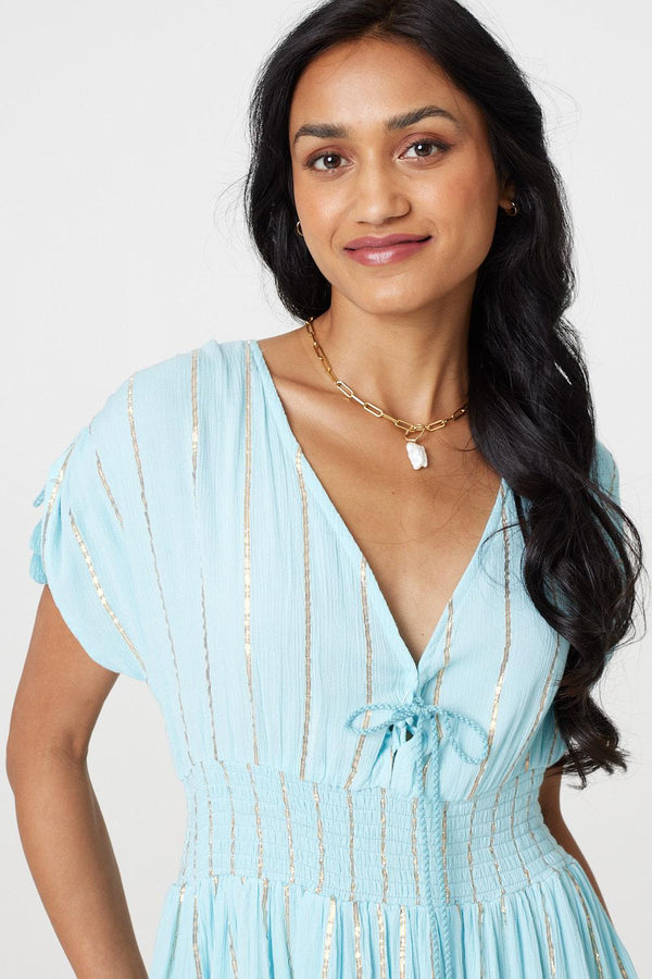 Light Blue | Striped Cap Sleeve Empire Maxi Dress
