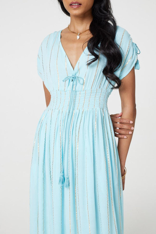 Light Blue | Striped Cap Sleeve Empire Maxi Dress