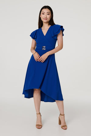 Blue | Belt Detail Frilled Sleeve Midi Dress
