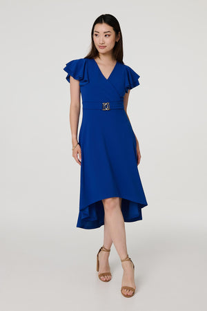 Blue | Belt Detail Frilled Sleeve Midi Dress

