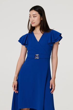 Blue | Belt Detail Frilled Sleeve Midi Dress

