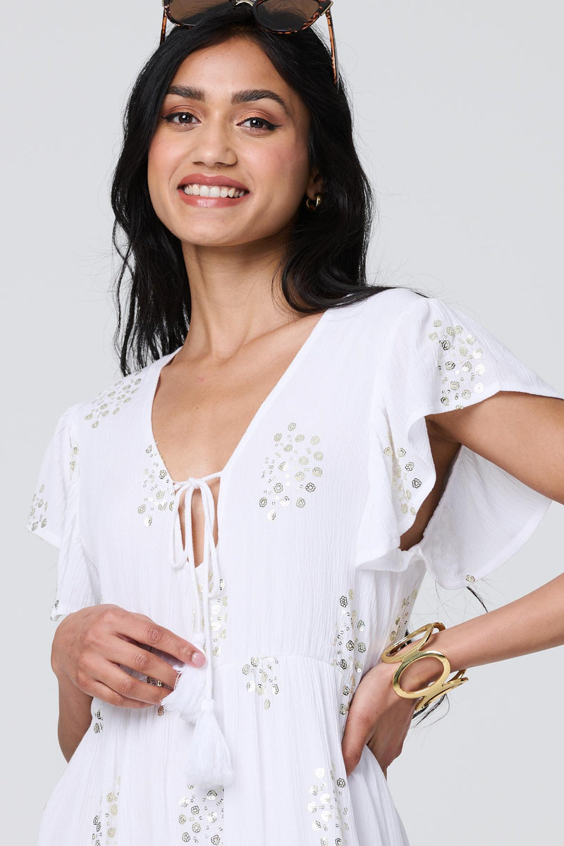 Sequin Detail Tie Neck Relaxed Maxi Dress Izabel London