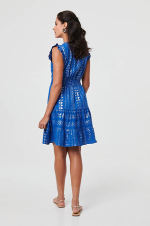 Blue | Metallic Cap Sleeve Short Skater Dress
