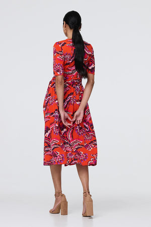 Orange | Tropical Print Faux Wrap Midi Dress