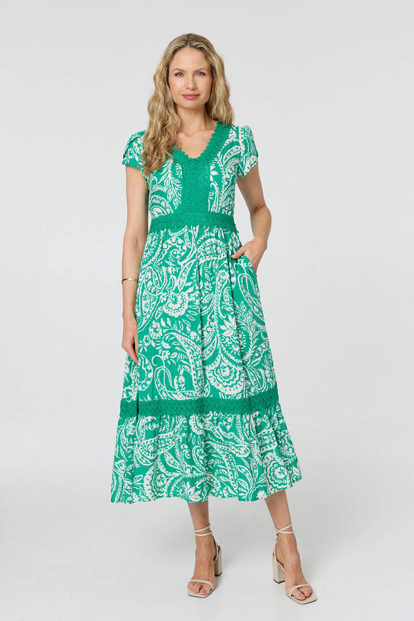 Green | Printed Lace Trim Tiered Midi Dress