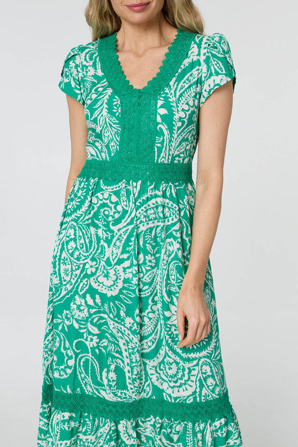 Green | Printed Lace Trim Tiered Midi Dress