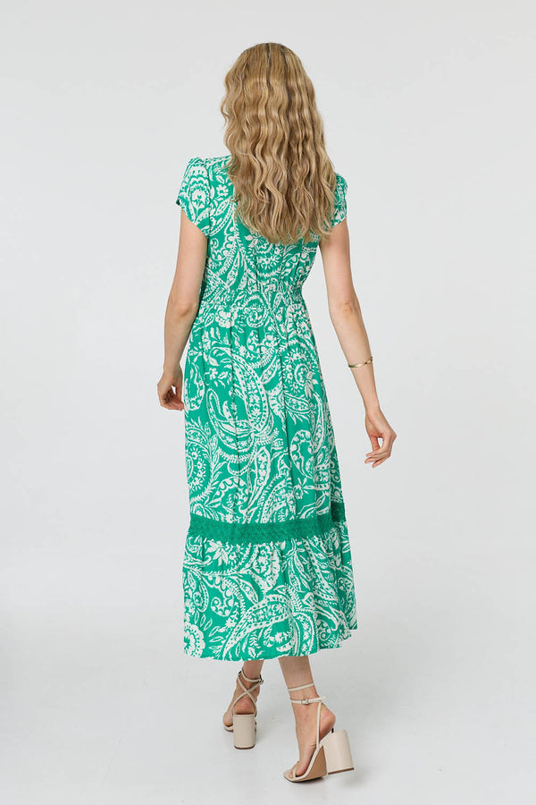 Green | Printed Lace Trim Tiered Midi Dress