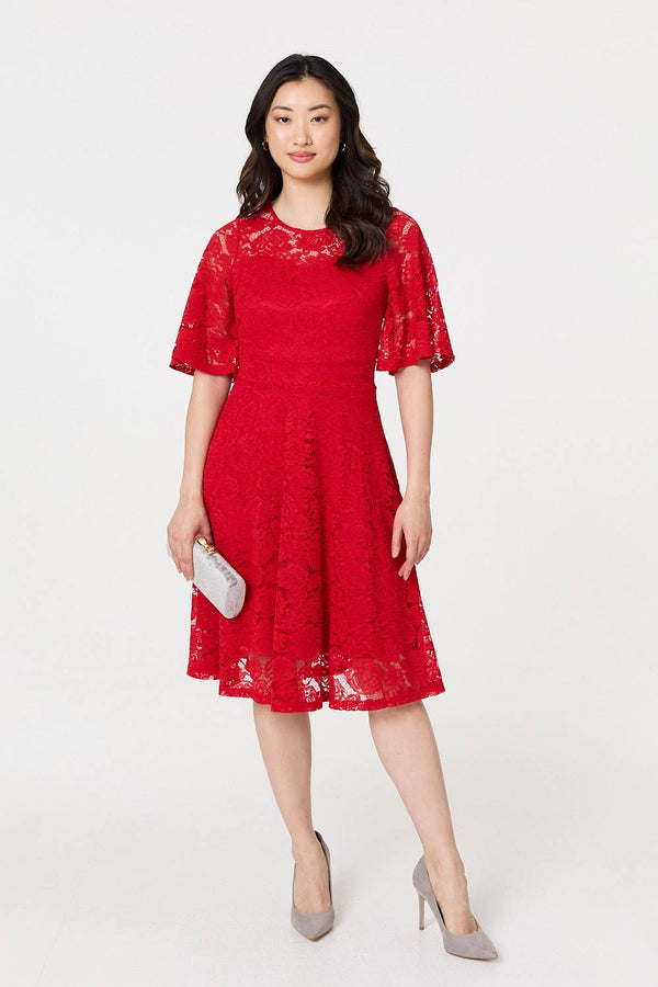 Red | Lace Overlay Knee Length Skater Dress
