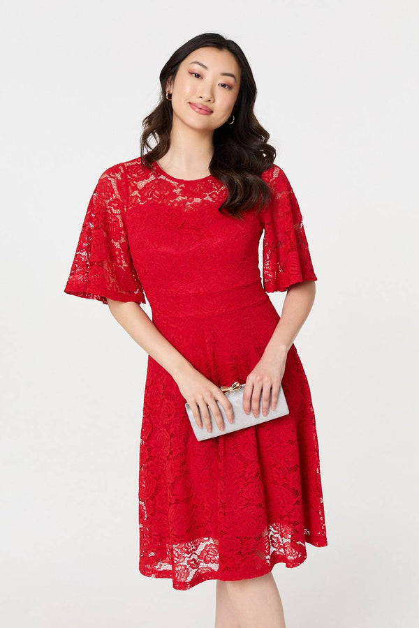 Red | Lace Overlay Knee Length Skater Dress
