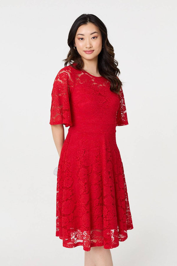 Red | Lace Overlay Knee Length Skater Dress
