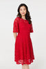 Red | Lace Overlay Knee Length Skater Dress
