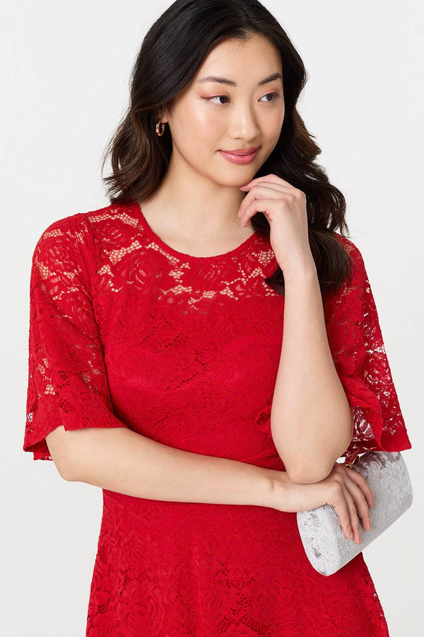 Red | Lace Overlay Knee Length Skater Dress
