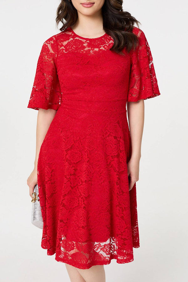 Red | Lace Overlay Knee Length Skater Dress
