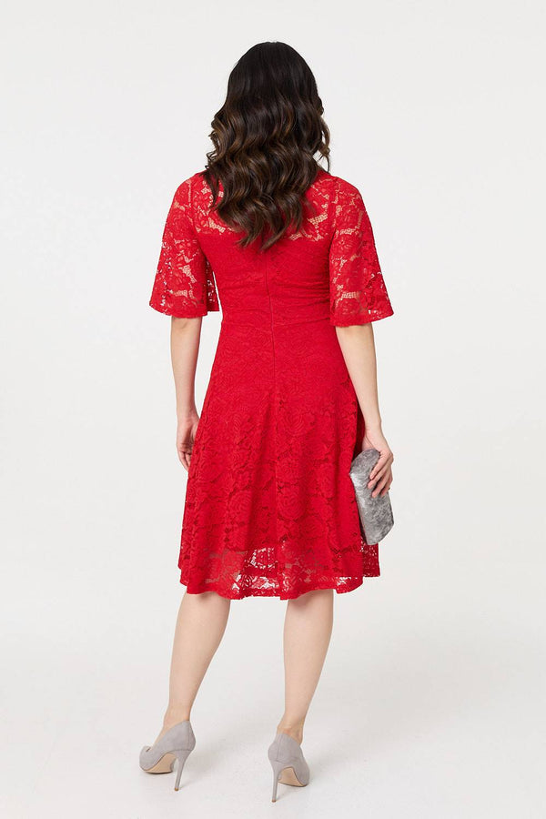 Red | Lace Overlay Knee Length Skater Dress
