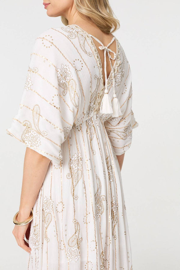 White | Embellished Kimono Sleeve Maxi Dress
