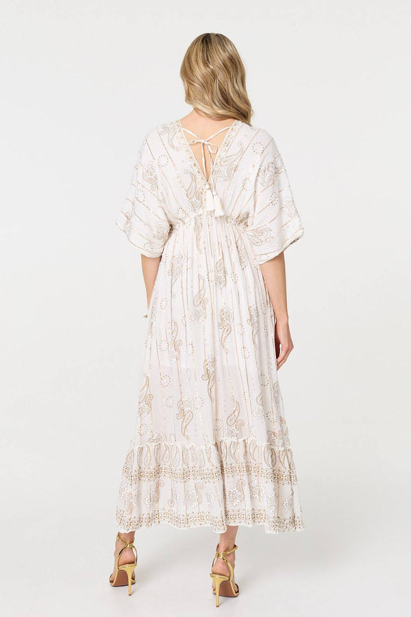 White | Embellished Kimono Sleeve Maxi Dress
