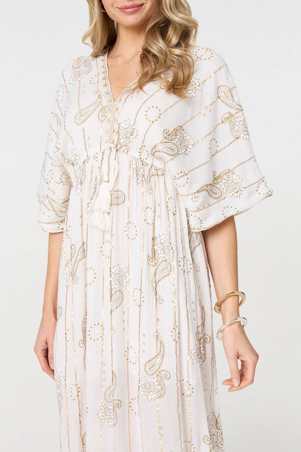 White | Embellished Kimono Sleeve Maxi Dress
