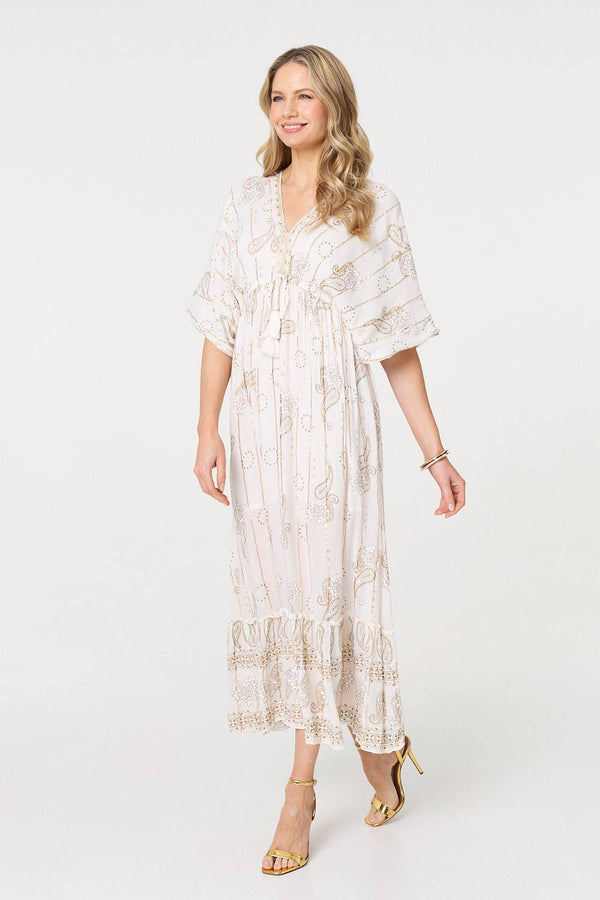 White | Embellished Kimono Sleeve Maxi Dress
