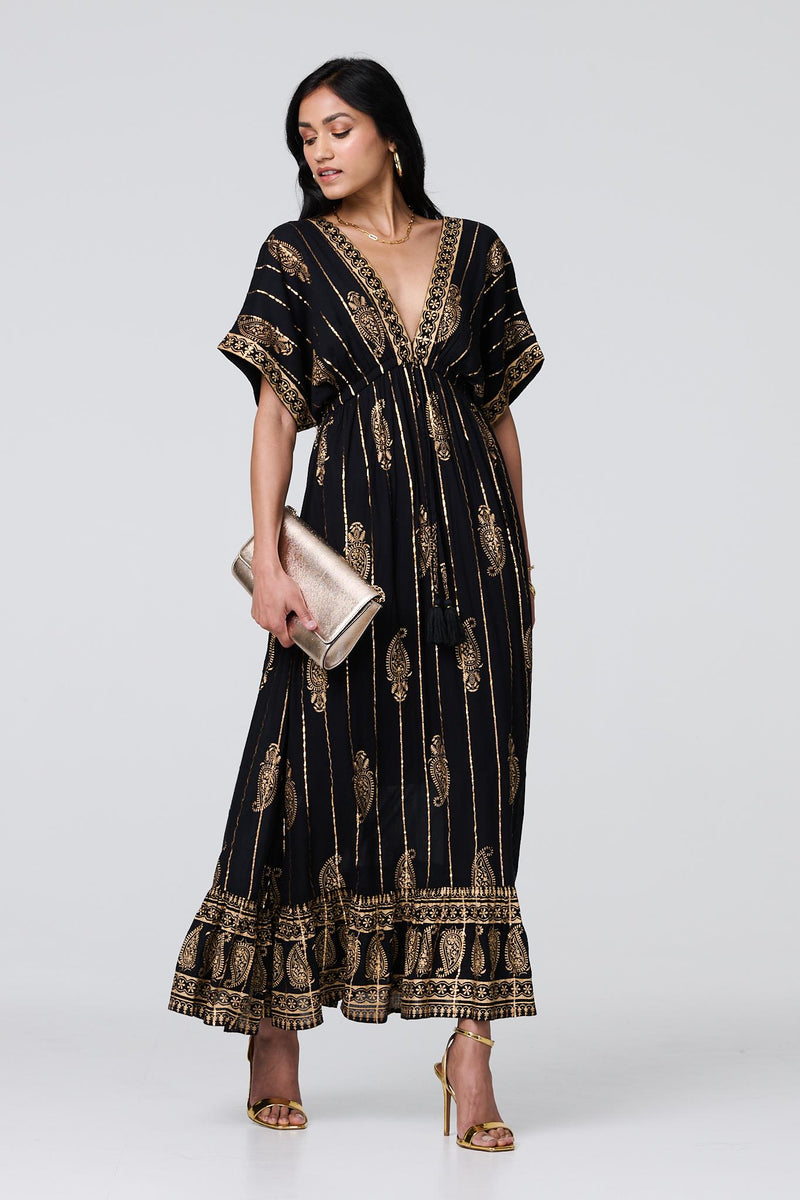 Metallic Print V-Neck Kimono Maxi Dress | Izabel London Metallic Print V-Neck Kimono Maxi Dress | Izabel London