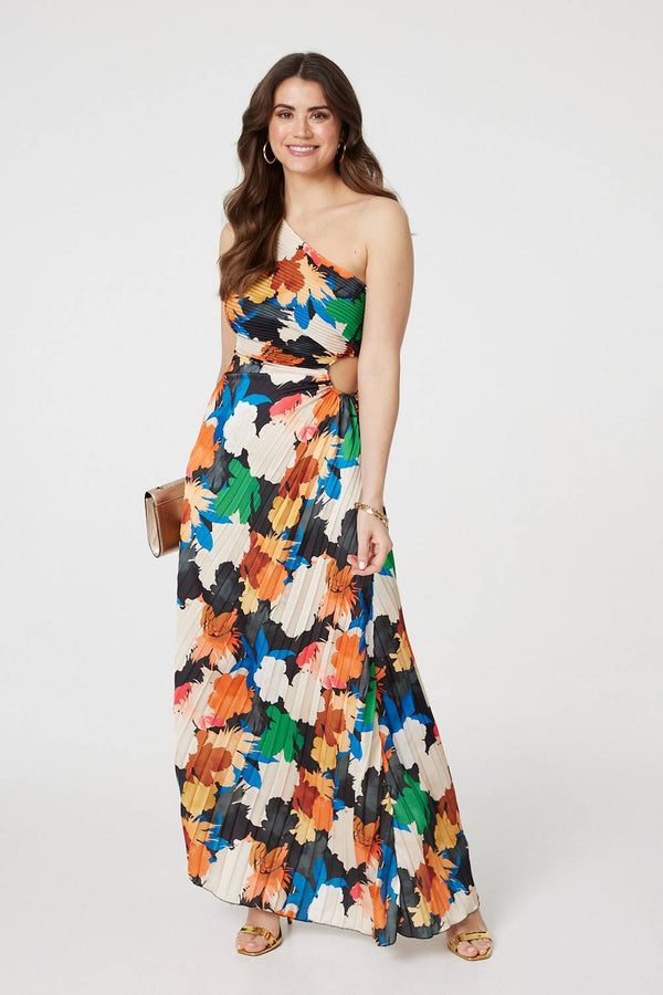 Orange | Floral One-Shoulder Pleated Maxi Dress