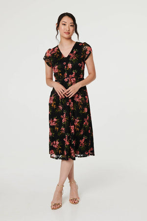 Black | Floral Cap Sleeve Shirred Midi Dress
