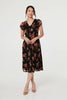 Black | Floral Cap Sleeve Shirred Midi Dress
