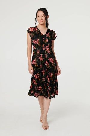 Black | Floral Cap Sleeve Shirred Midi Dress
