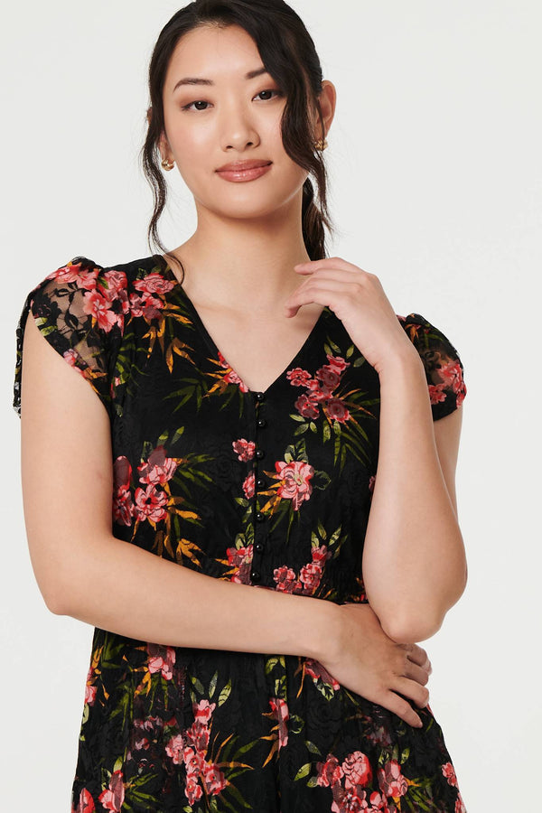 Black | Floral Cap Sleeve Shirred Midi Dress
