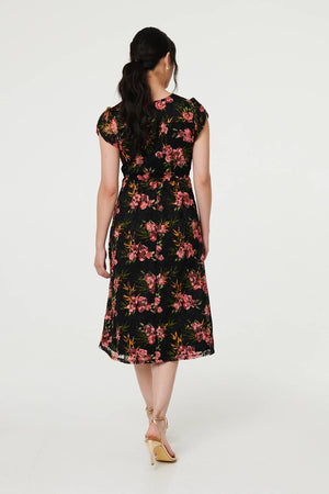 Black | Floral Cap Sleeve Shirred Midi Dress
