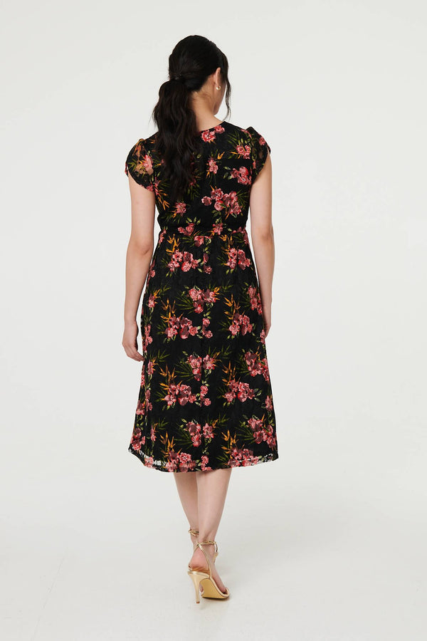 Black | Floral Cap Sleeve Shirred Midi Dress

