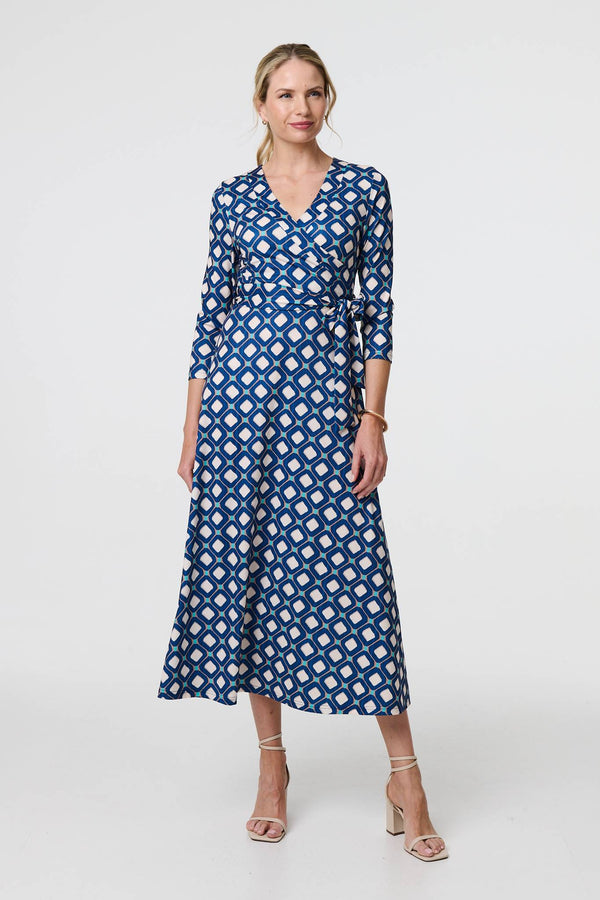 Navy | Geo Print 3/4 Sleeve Midi Wrap Dress
