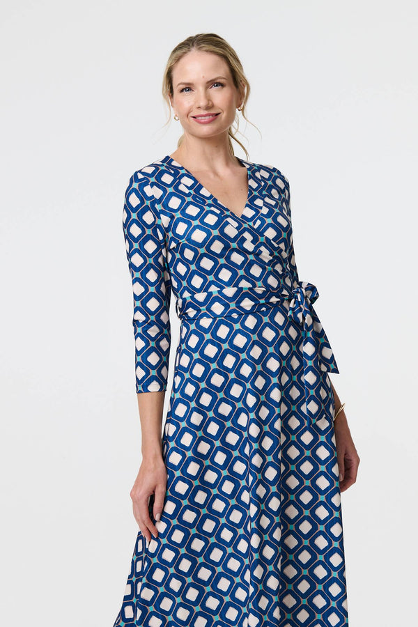 Navy | Geo Print 3/4 Sleeve Midi Wrap Dress
