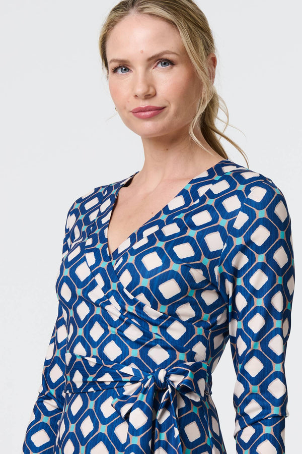Navy | Geo Print 3/4 Sleeve Midi Wrap Dress
